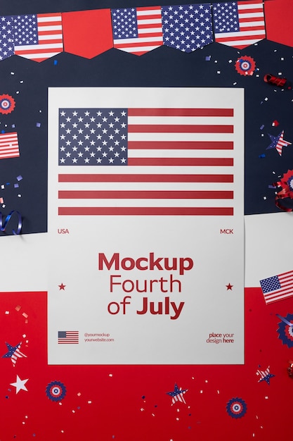 PSD maqueta de tarjeta del 4 de julio con elementos y decoraciones.