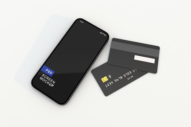 Maqueta de tarjeta de crédito con maqueta de pantalla de teléfono inteligente