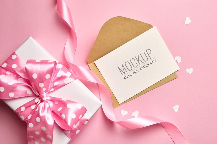 Maqueta de tarjeta del día de San Valentín con caja de regalo y pequeños corazones de papel en rosa