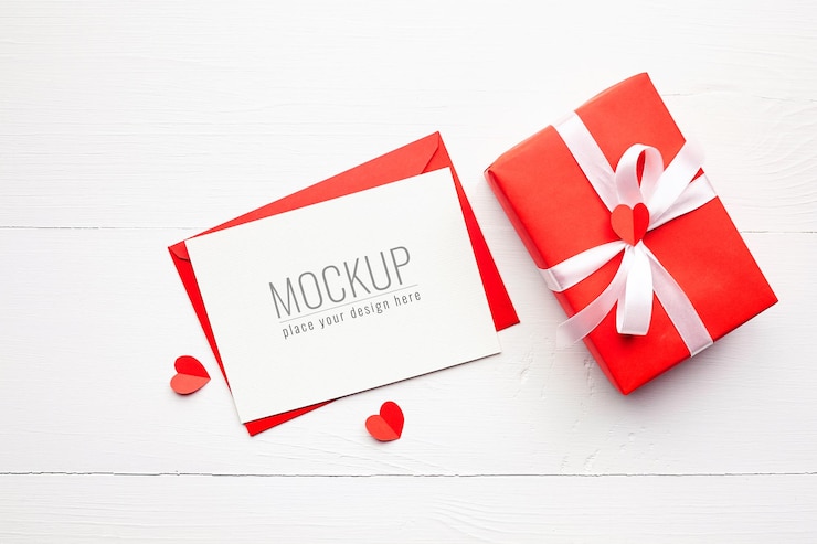 Maqueta de tarjeta del día de San Valentín con caja de regalo roja y corazones en blanco