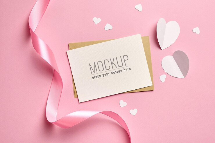 Maqueta de tarjeta del día de San Valentín con cinta rosa y corazones de papel blanco