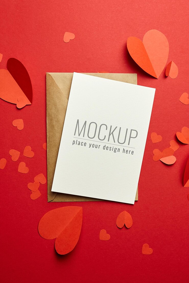 Maqueta de tarjeta del día de San Valentín con sobre y corazones de papel rojo