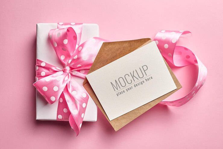 Maqueta de tarjeta de felicitación con caja de regalo grande con lazo en superficie de papel rosa