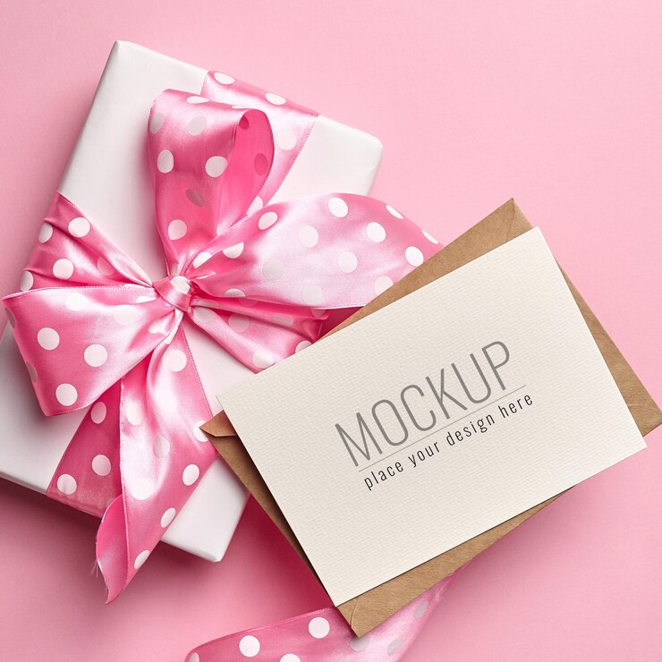 Maqueta de tarjeta de felicitación con caja de regalo grande con lazo
