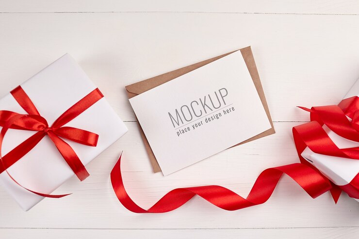 Maqueta de tarjeta de felicitación con cajas de regalo y cinta roja