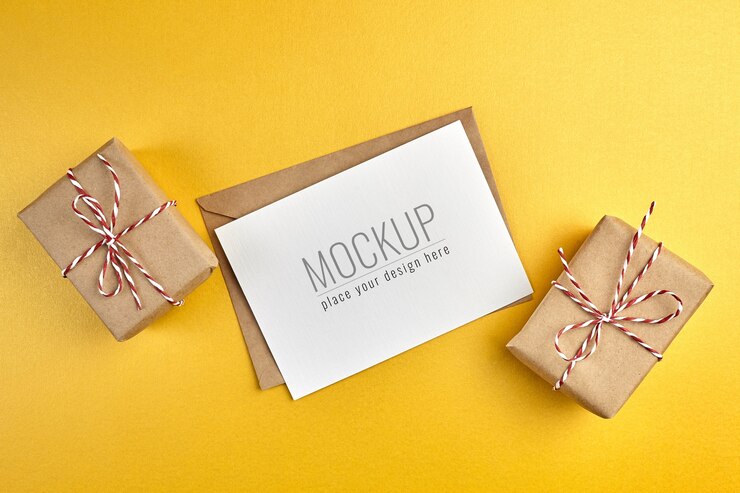 Maqueta de tarjeta de felicitación con cajas de regalo sobre fondo de papel dorado