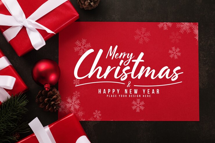 PSD maqueta de tarjeta de felicitación de feliz navidad con adornos de regalos de navidad