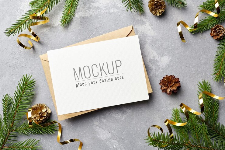 Maqueta de tarjeta de felicitación de Navidad y año nuevo con sobre y decoraciones festivas doradas
