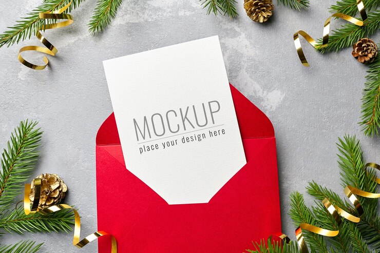 Maqueta de tarjeta de felicitación de Navidad y año nuevo con sobre rojo y decoraciones festivas doradas