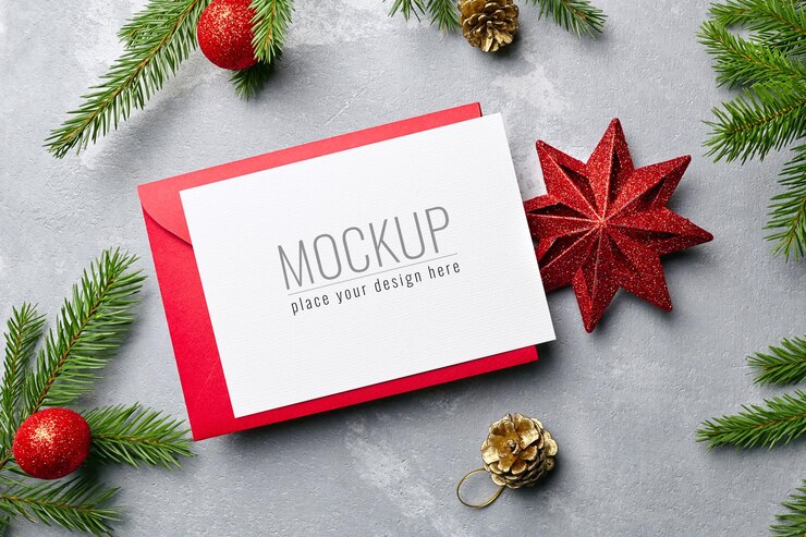 Maqueta de tarjeta de felicitación de Navidad y año nuevo con sobre rojo y decoraciones festivas
