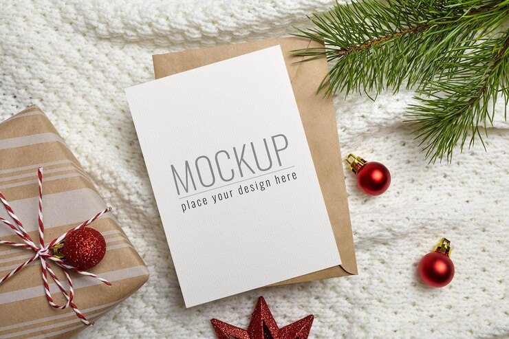 Maqueta de tarjeta de felicitación de Navidad con caja de regalo, adornos festivos y rama de pino sobre fondo tejido