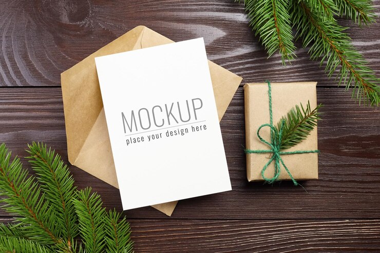 Maqueta de tarjeta de felicitación de Navidad con sobre, caja de regalo y ramas de abeto sobre fondo de madera oscura.
