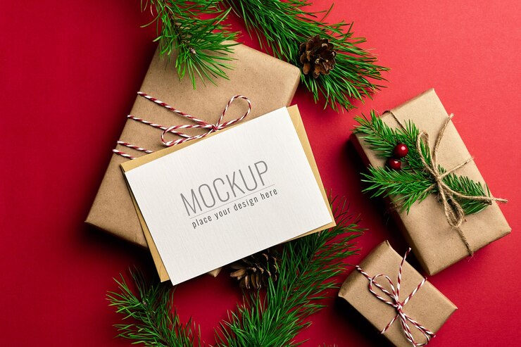Maqueta de tarjeta de felicitación navideña con cajas de regalo y ramas de pino