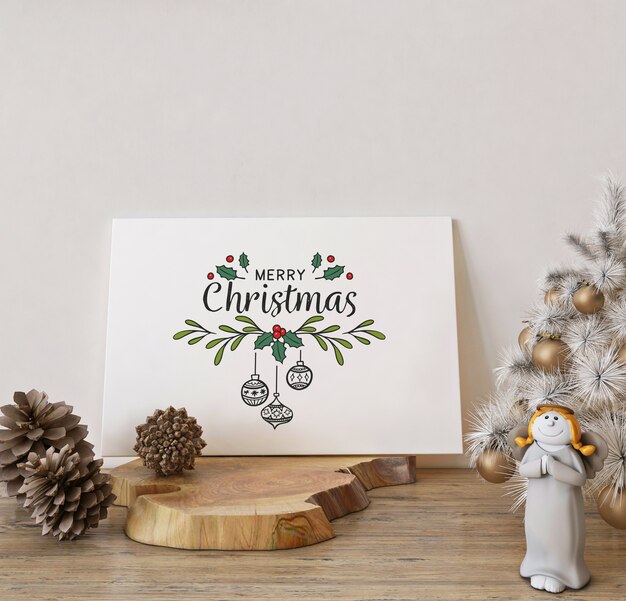 Maqueta de tarjeta de felicitación navideña con decoración navideña blanca