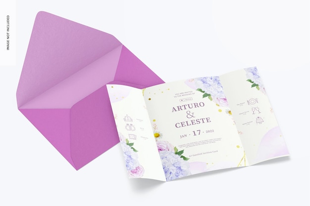 Maqueta de tarjeta de invitación desplegable A7, abierta