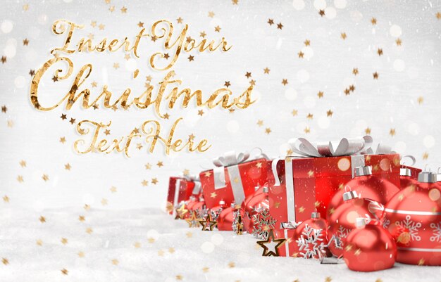 Maqueta de tarjeta de Navidad con texto de estrellas doradas y decoraciones rojas