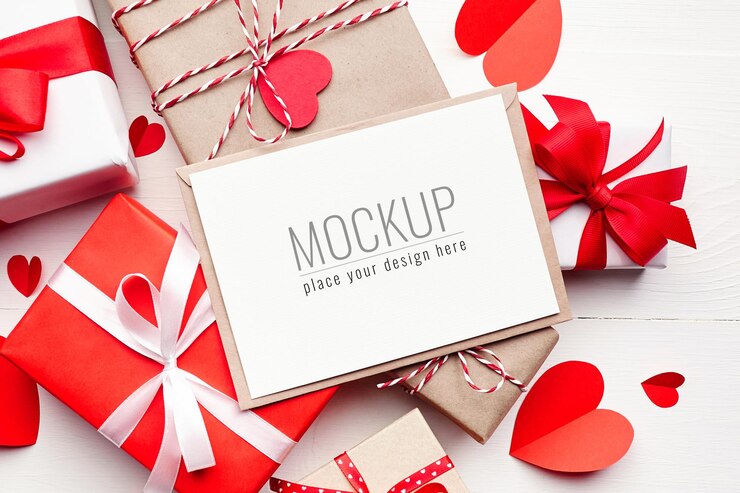 Maqueta de tarjeta de San Valentín con cajas de regalo y corazones de papel rojo