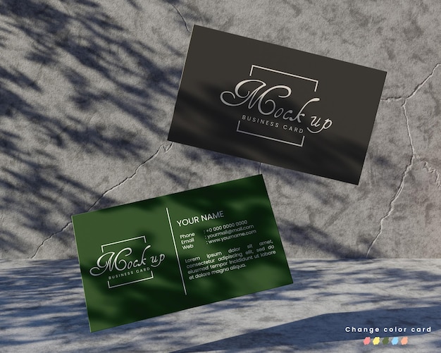 Maqueta de tarjeta de visita de render 3d con fondo de material de madera y hormigón y sombra de hojas