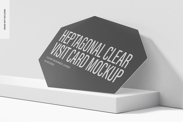 Maqueta de tarjeta de visita transparente heptagonal, inclinada