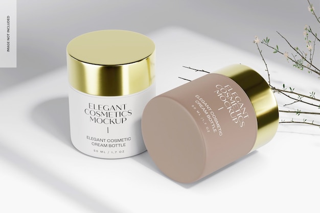 Maqueta de tarros de crema cosmética elegante, de pie y caídos