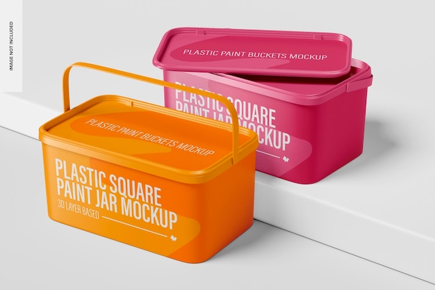 Maqueta de tarros de pintura cuadrados de plástico, en podio