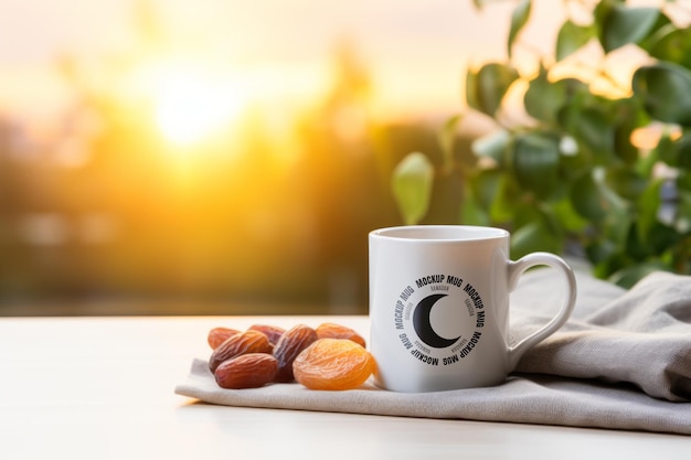 PSD maqueta de taza blanca con dátiles y jardín en el fondo para el ramadán