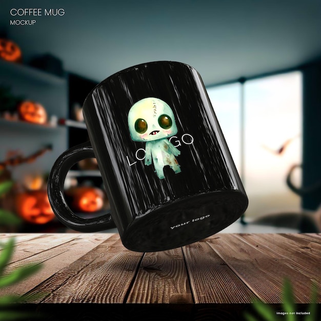 PSD maqueta de taza de café de halloween sobre una mesa de madera rústica