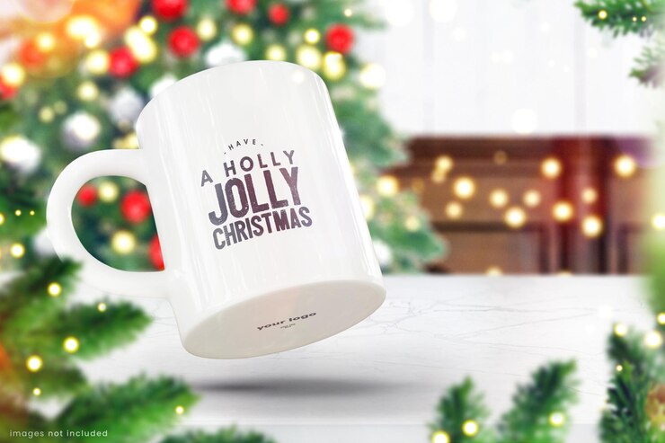 PSD maqueta de taza de café navideña de taza de 11 oz en una mesa de mármol con hojas de acebo y árbol de navidad