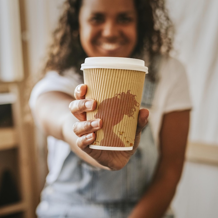 PSD maqueta de taza de café de papel sostenida por una mujer