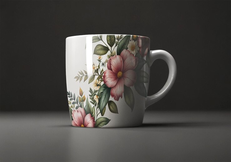 Maqueta de taza floral rodeada de una flor rosada