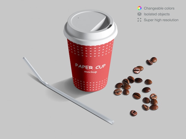 Maqueta de taza de papel isométrica realista con granos de café y paja de cóctel.