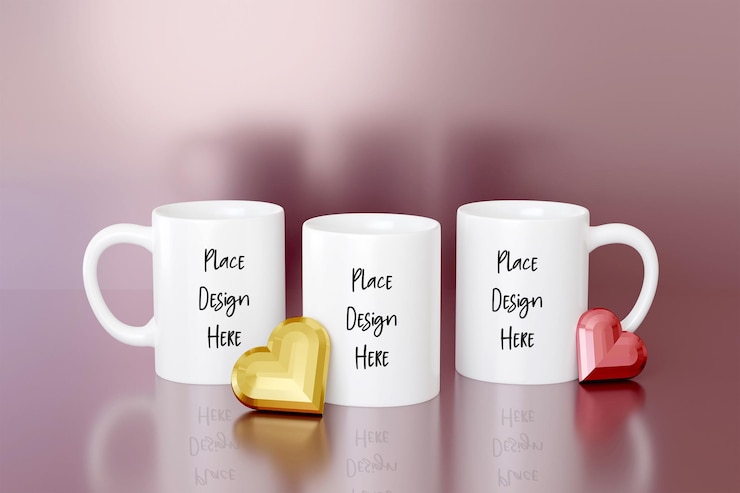 PSD maqueta de taza de todos los lados para san valentín o pancarta del día de la madre tazas de té sobre fondo rosa con corazones