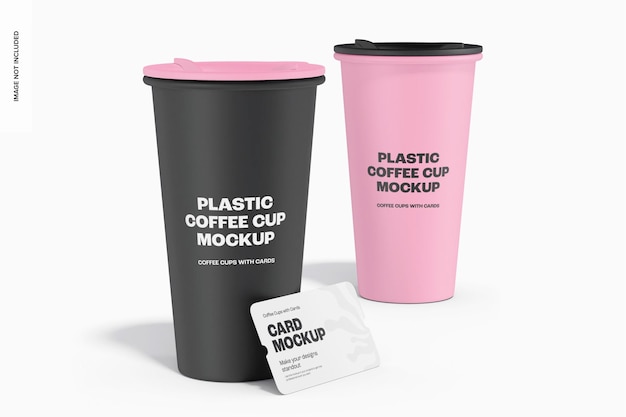 Maqueta de Tazas de Café de Plástico con Tarjeta, Vista Izquierda