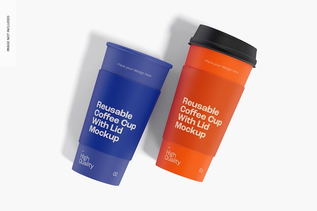 Maqueta de Tazas de Café Reutilizables con Tapa, Vista Superior
