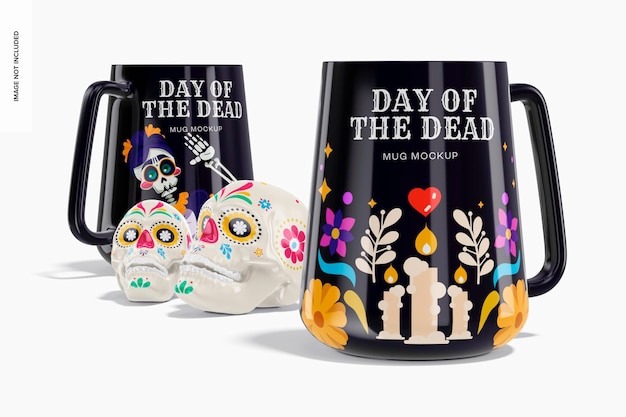 PSD maqueta de tazas del día de muertos, vista frontal