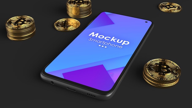 Maqueta de teléfono celular negro para aplicaciones y sitios web de criptomonedas. Fondo oscuro con monedas.