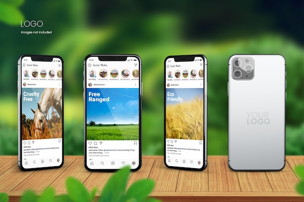 Maqueta de teléfono de instagram de cuatro iphone 13 desde diferentes ángulos