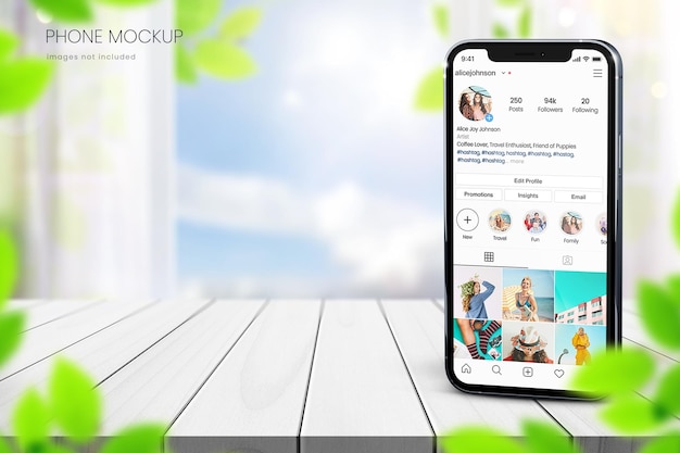 Maqueta de teléfono de instagram con ventana brillante en segundo plano