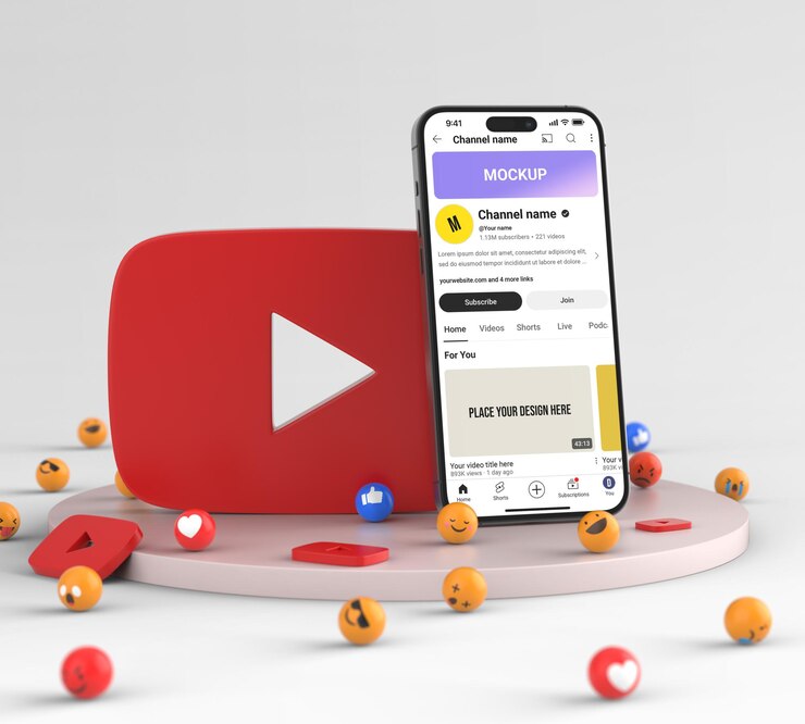 Maqueta de teléfono inteligente con base y gran logotipo de Youtube y emoji