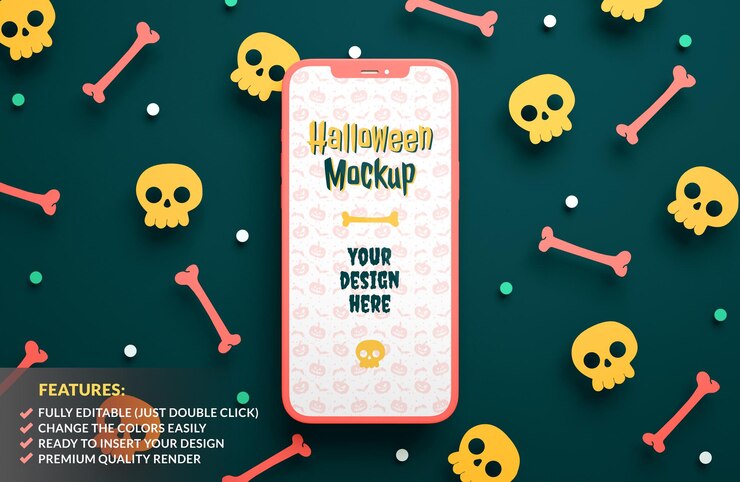 Maqueta de teléfono inteligente de Halloween sobre un fondo de calaveras y huesos de papel en representación 3D