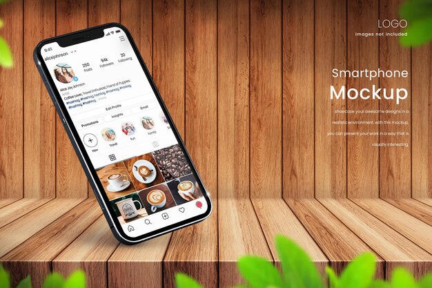 Maqueta de teléfono inteligente de instagram sobre fondo de madera