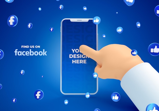 Maqueta de teléfono inteligente con mano de dibujos animados con facebook social media render 3d