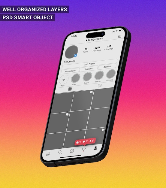 Maqueta de teléfono inteligente con plantilla de perfil de Instagram editable