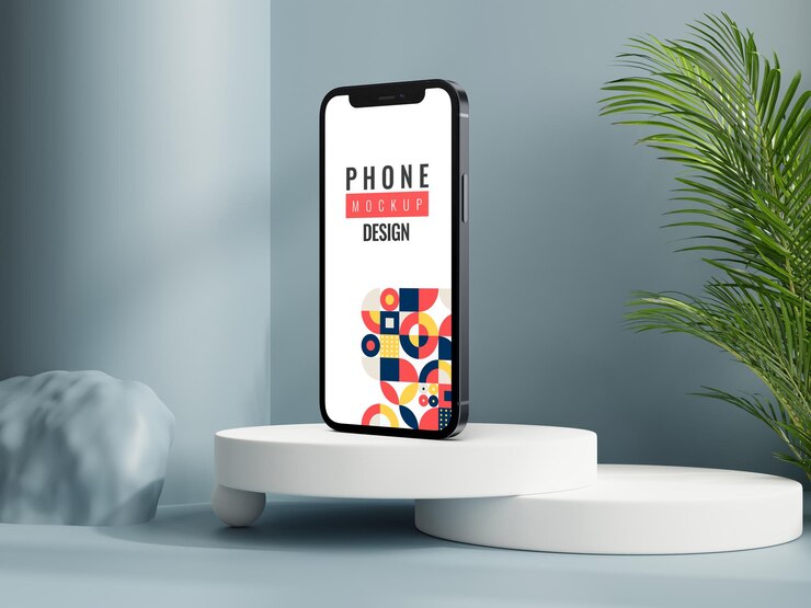 maqueta de teléfono móvil digital en podio con hojas