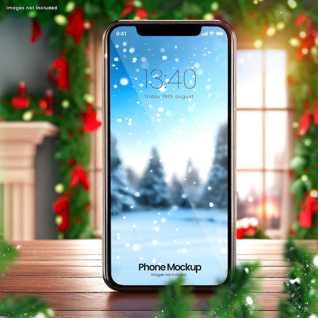 Maqueta de teléfono navideño para Instagram y redes sociales con decoraciones navideñas en el fondo