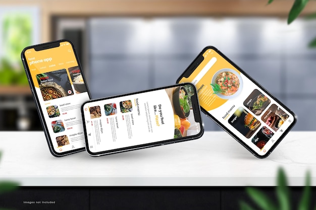 PSD maqueta de teléfono realista en la mesa de la cocina