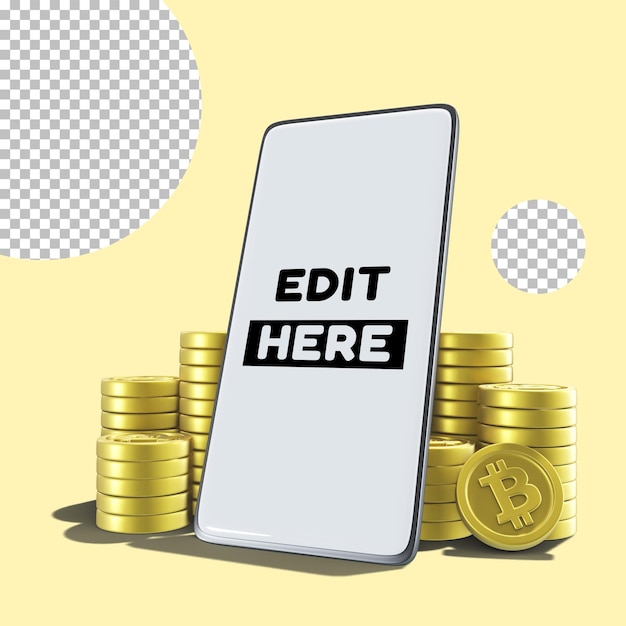 Maqueta de teléfono de renderizado 3D y pila de moneda Bitcoin