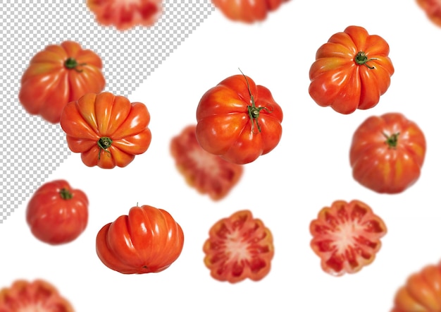 Maqueta de tomates frescos cayendo con fondo editable
