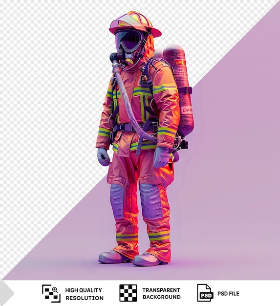 PSD maqueta transparente de fondo de un traje de bomberos con un sombrero rosado púrpura y botas rosas y un guante gris y blanco con un brazo largo visible en primer plano png psd
