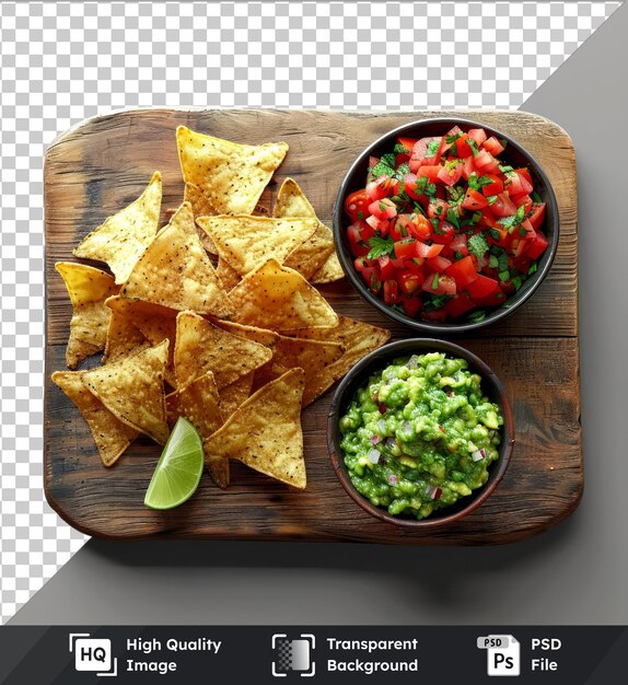 PSD maqueta transparente de una tabla de madera con nachos y ingredientes de salsa de guacamole